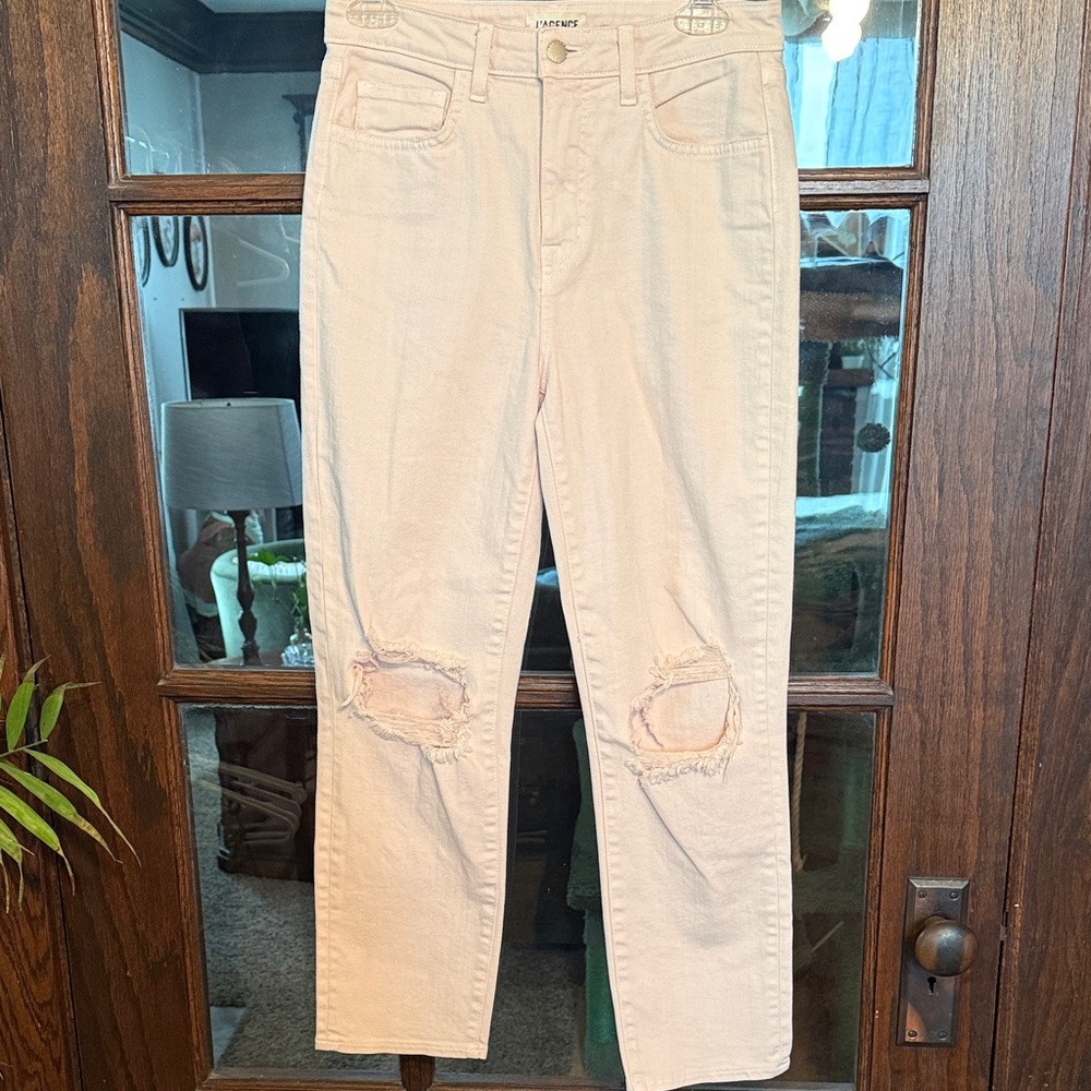L'AGENCE Womens High Rise‎ Distressed Straight Leg Jeans Blush Pink Size 27